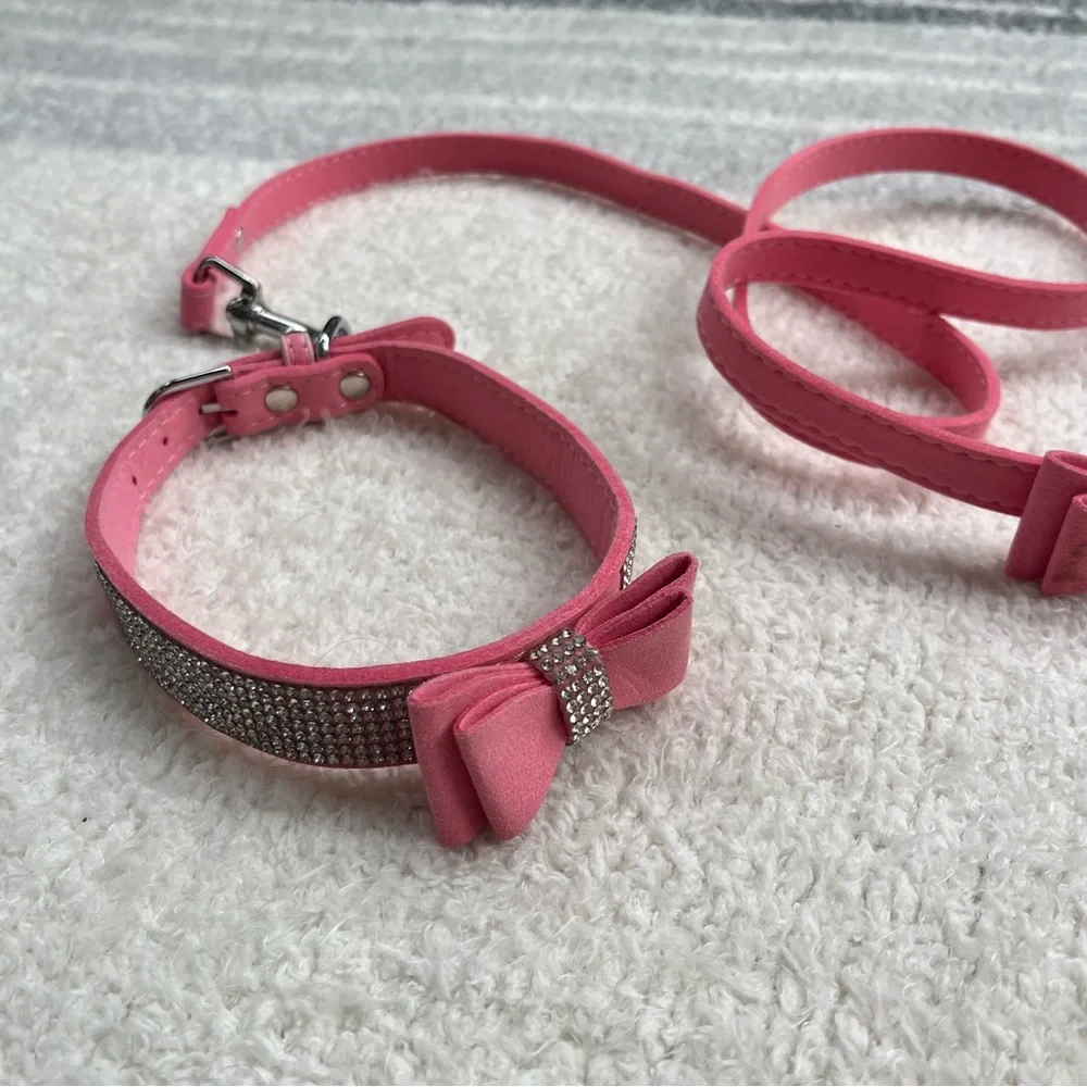 Pink & rhinestone Bow dog Collar and Leash Set